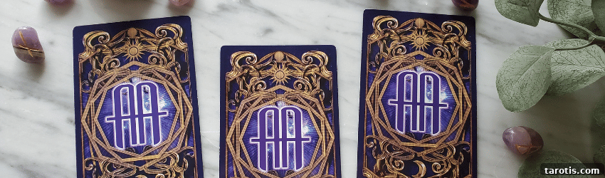Tarot Spreads to Try: Beginner, Intermediate & Advanced Layouts 2 A sample 3-card Tarot spread featuring purple astrology answers Tarot cards.