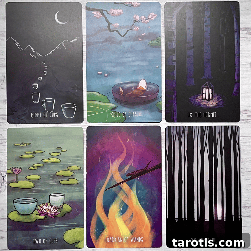 Winter Solstice Tarot Spread to Release the Past and Renew Your Path 3 Sample tarot cards pulled for winter solstice including eight of cups, two of cups, guardian of wands, child of cups, the hermit, and the devil.