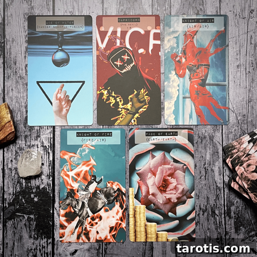 Discover Universal Guidance with This Tarot Spread 3 5 cards that have been pulled for the clarity and guidance Tarot spread: the Ace of Water, the Devil, Knight of Air, Knight of Fire, Page of Earth.