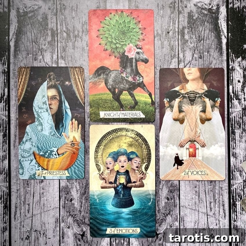 Tarot Spread to Reveal Insights About Your Past Life 3 A sample tarot reading featuring the tarot cards: Knight of Materials, 2 of Voices, 3 of Emotions and The Priestess.