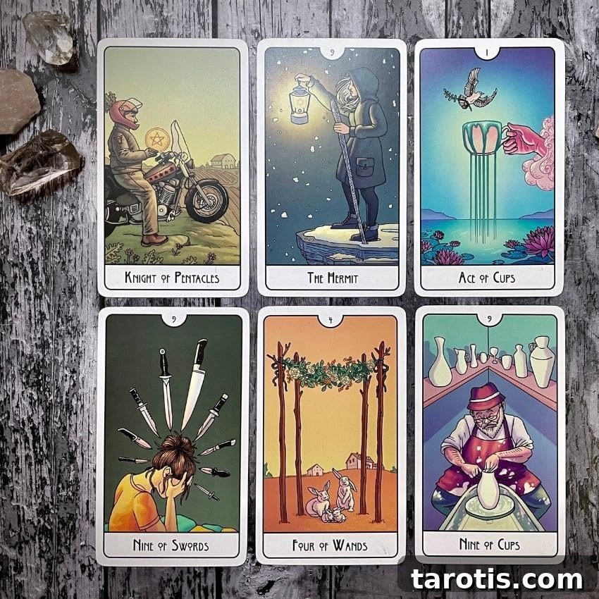 Tarot Spread to Deepen Relationships and Strengthen Bonds 3 A tarot sample reading to strenghten bonds featuring the Knight of Pentacles, The Hermit, Ace of Cups, Nine of Swords, Four of Wands, and Nine of Cups.