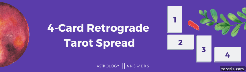 A tarot spread for all retrogrades represented in this graphic with animated cards and a red crystal.