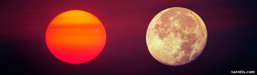 Complete Guide to Understanding the Nodes: Functions, Types & Uses 5 A red sun and a moon oppose each other representing the south and north node in your birth chart.