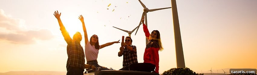 Sun in Virgo: 9-Step Checklist to Manifest Abundance 2 Four friends sit in the sun in front of wind turbines.