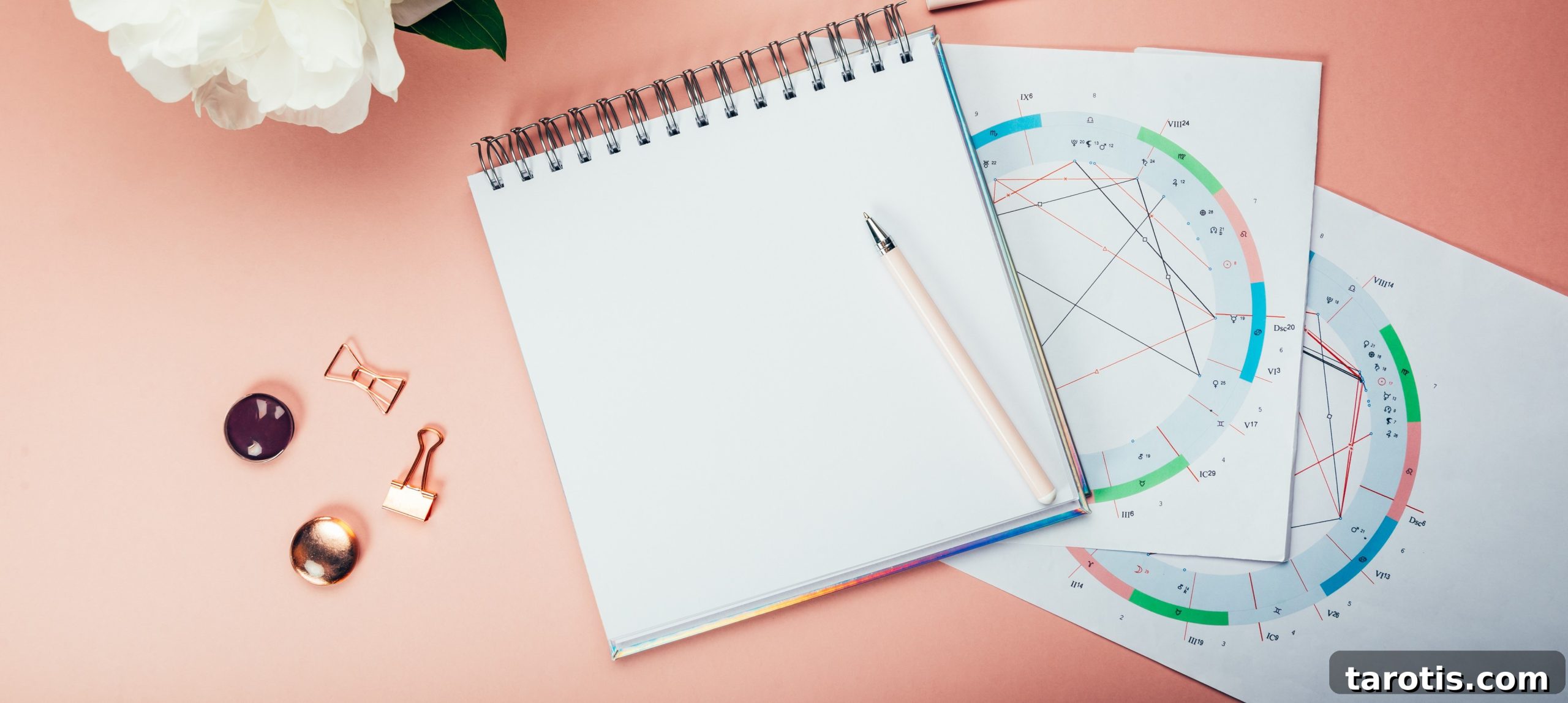 A birth chart on a table with a pen and paper pad.